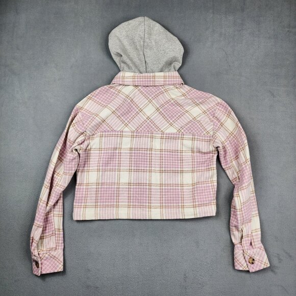 Aeropostale Hooded Button Up Flannel Shirt Womens XS Pink Check Cabincore Preppy - Picture 12 of 12
